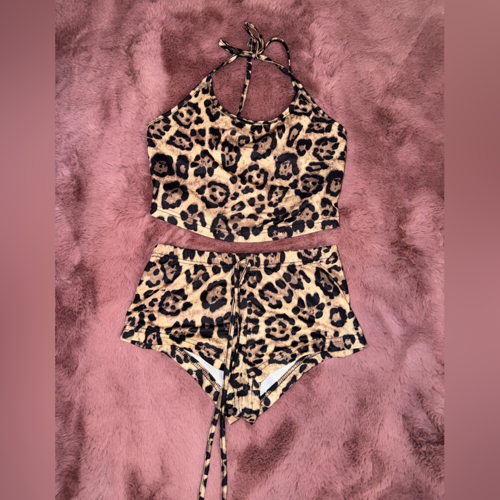 Leopard Print Halter Top and Bottom Set